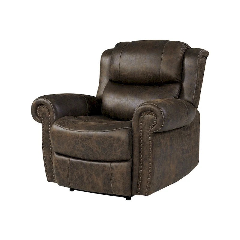 Fauteuil inclinable mural très large, similicuir vieilli, clous décoratifs et appui-tête bronze antique