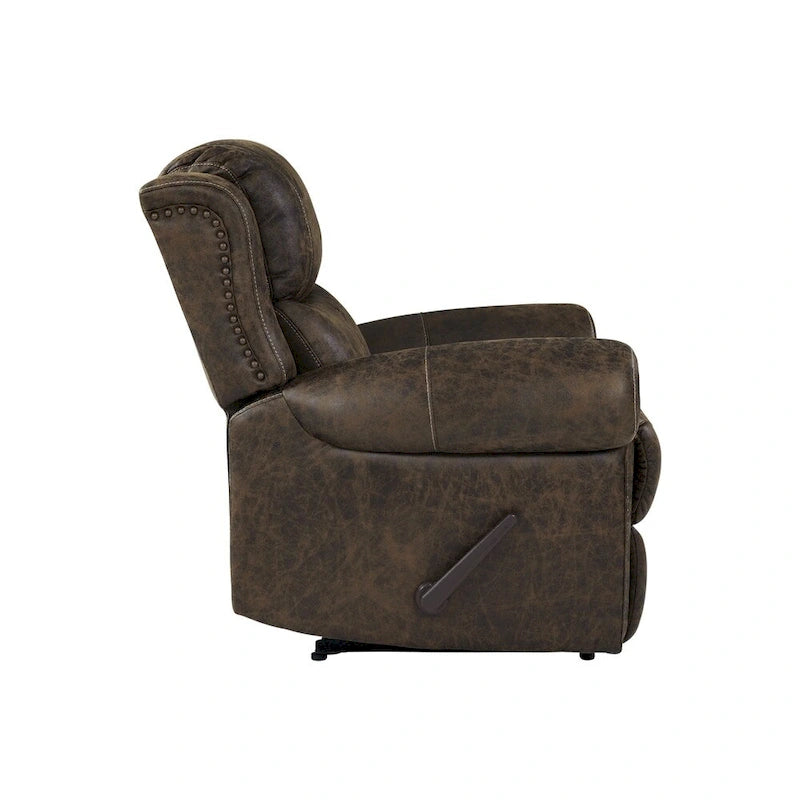 Fauteuil inclinable mural très large, similicuir vieilli, clous décoratifs et appui-tête bronze antique