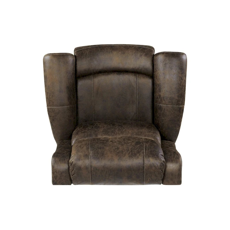 Fauteuil inclinable mural très large, similicuir vieilli, clous décoratifs et appui-tête bronze antique