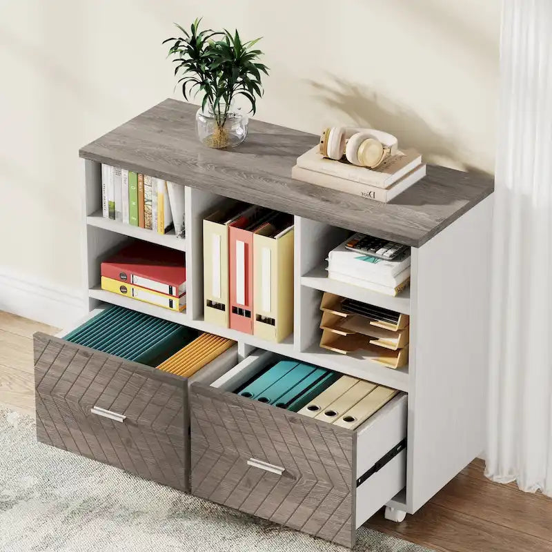 Meuble de rangement à 2 tiroirs en bois avec étagères ouvertes, classeur latéral mobile pour dossiers suspendus de format lettre
