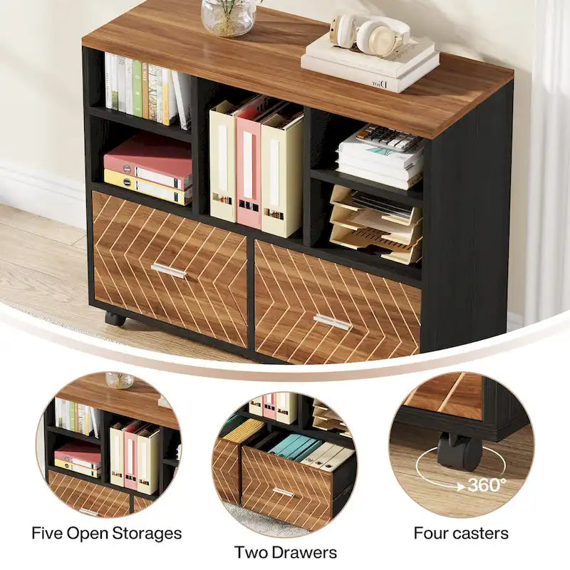 Meuble de rangement à 2 tiroirs en bois avec étagères ouvertes, classeur latéral mobile pour dossiers suspendus de format lettre
