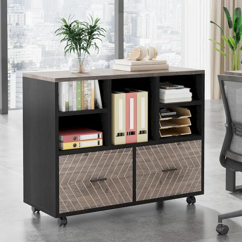 Meuble de rangement à 2 tiroirs en bois avec étagères ouvertes, classeur latéral mobile pour dossiers suspendus de format lettre