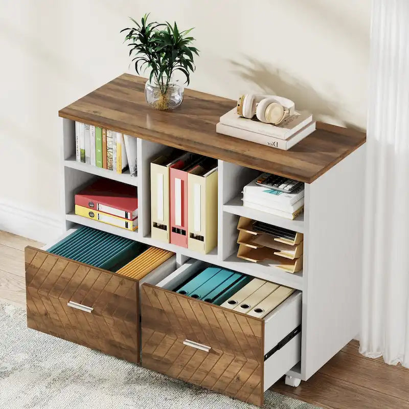 Meuble de rangement à 2 tiroirs en bois avec étagères ouvertes, classeur latéral mobile pour dossiers suspendus de format lettre