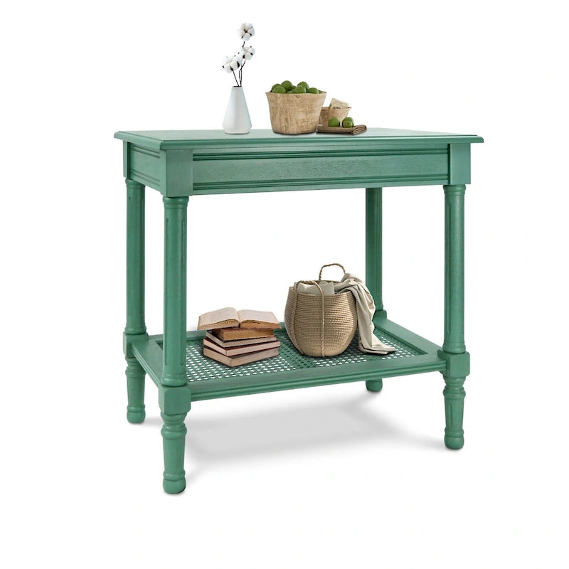 Table d'appoint crème avec étagère inférieure en rotin, silhouette épurée, plusieurs options de couleurs, accent polyvalent
