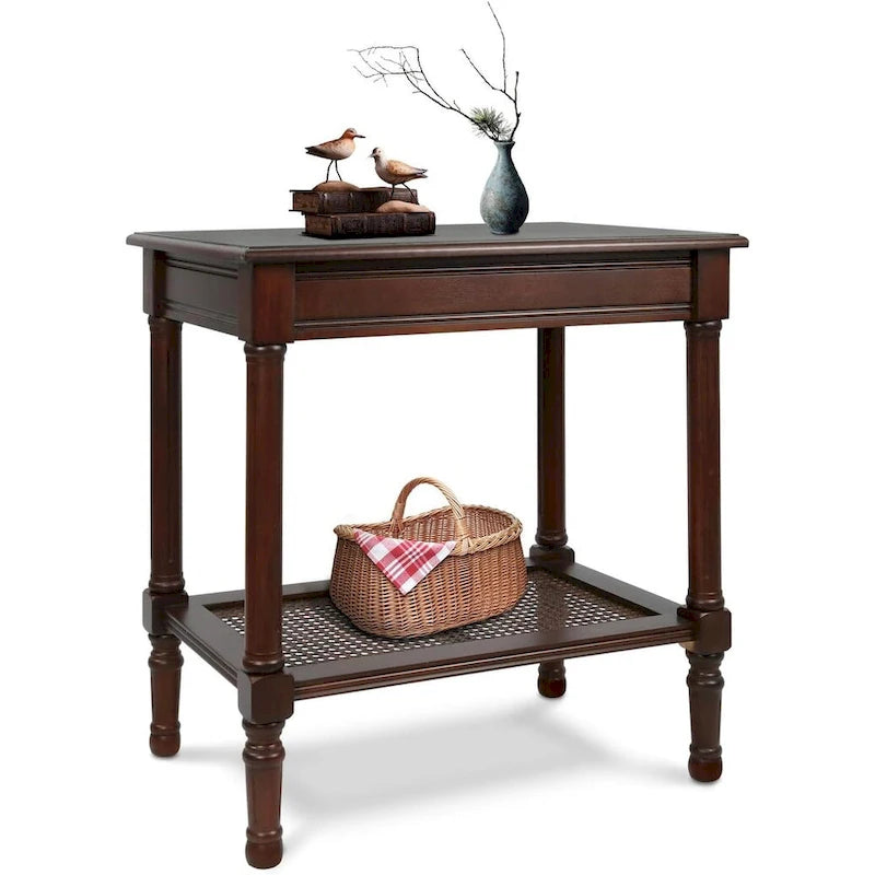 Table d'appoint crème avec étagère inférieure en rotin, silhouette épurée, plusieurs options de couleurs, accent polyvalent