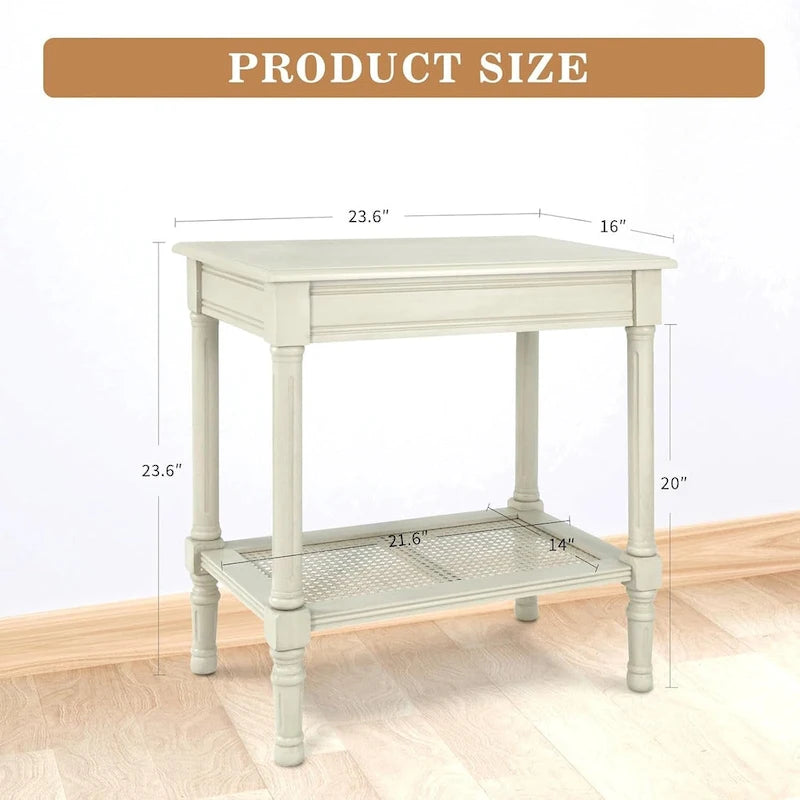 Table d'appoint crème avec étagère inférieure en rotin, silhouette épurée, plusieurs options de couleurs, accent polyvalent