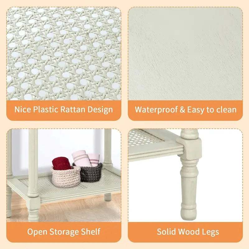 Table d'appoint crème avec étagère inférieure en rotin, silhouette épurée, plusieurs options de couleurs, accent polyvalent