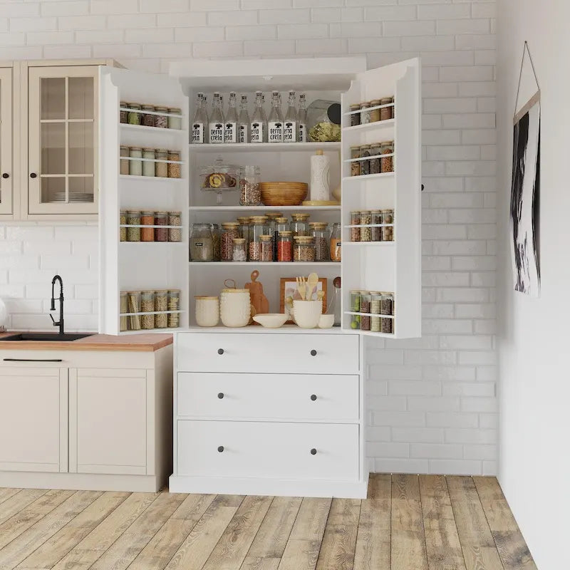 Garde-manger de cuisine de ferme de 77 pouces, armoire de rangement haute autonome avec 3 étagères réglables, 8 étagères de porte, 3 tiroirs