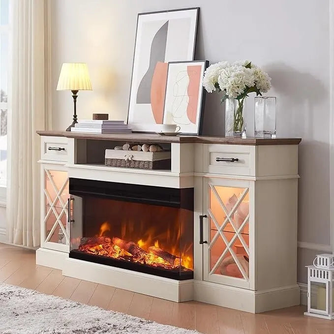 Meuble TV avec cheminée électrique 3 faces de style rustique, Centre de divertissement