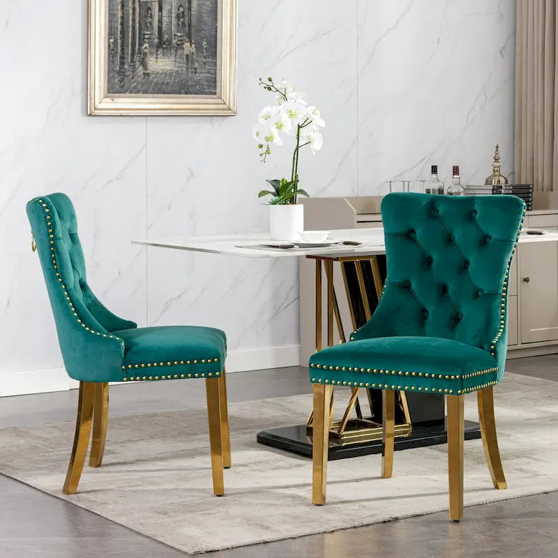 Lot de 2 chaises de salle à manger en velours avec clous décoratifs et pieds plaqués or