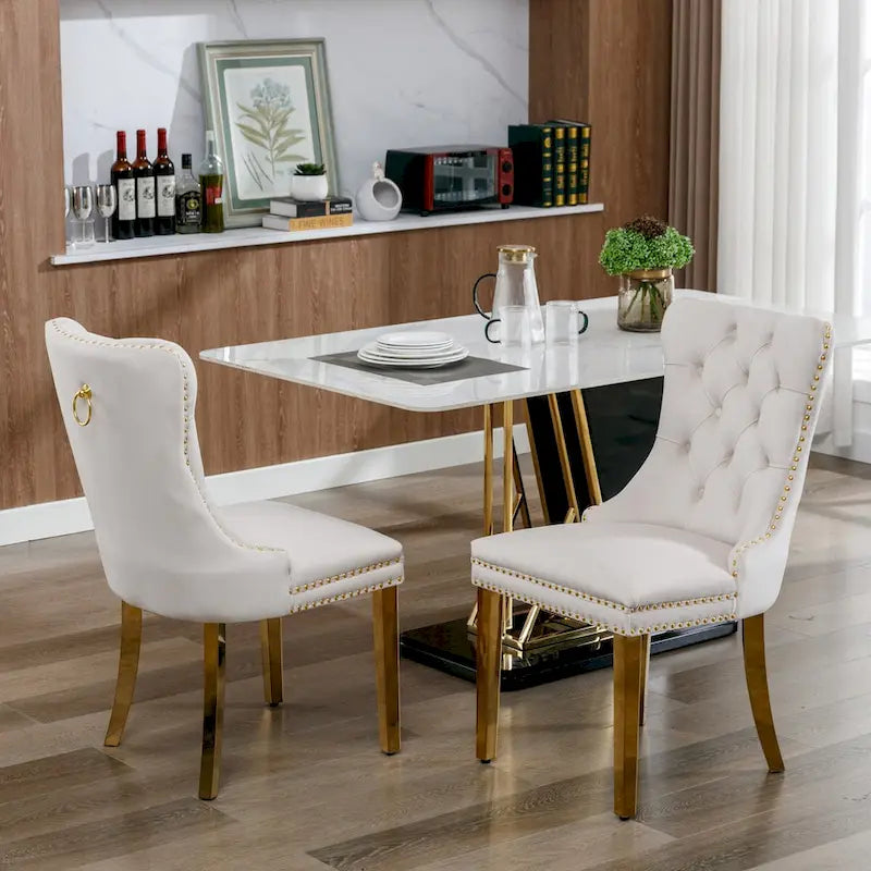 Lot de 2 chaises de salle à manger en velours avec clous décoratifs et pieds plaqués or