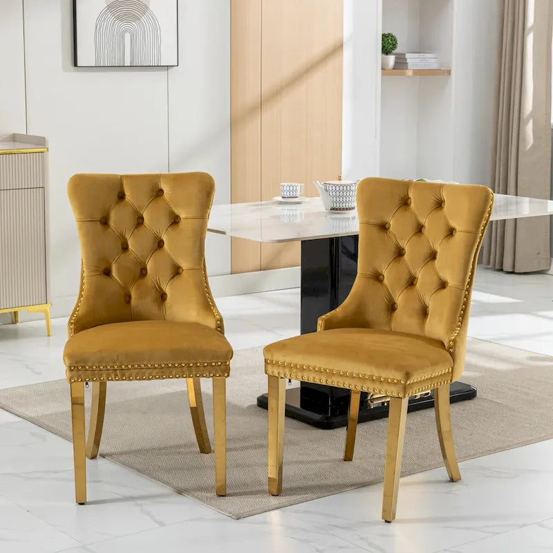 Lot de 2 chaises de salle à manger en velours avec clous décoratifs et pieds plaqués or