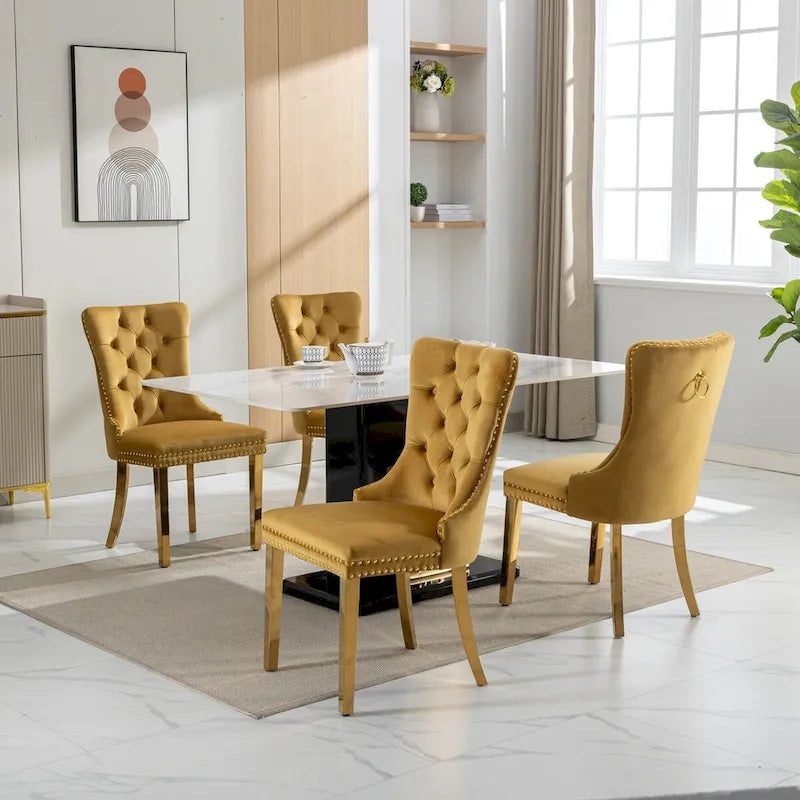 Lot de 2 chaises de salle à manger en velours avec clous décoratifs et pieds plaqués or