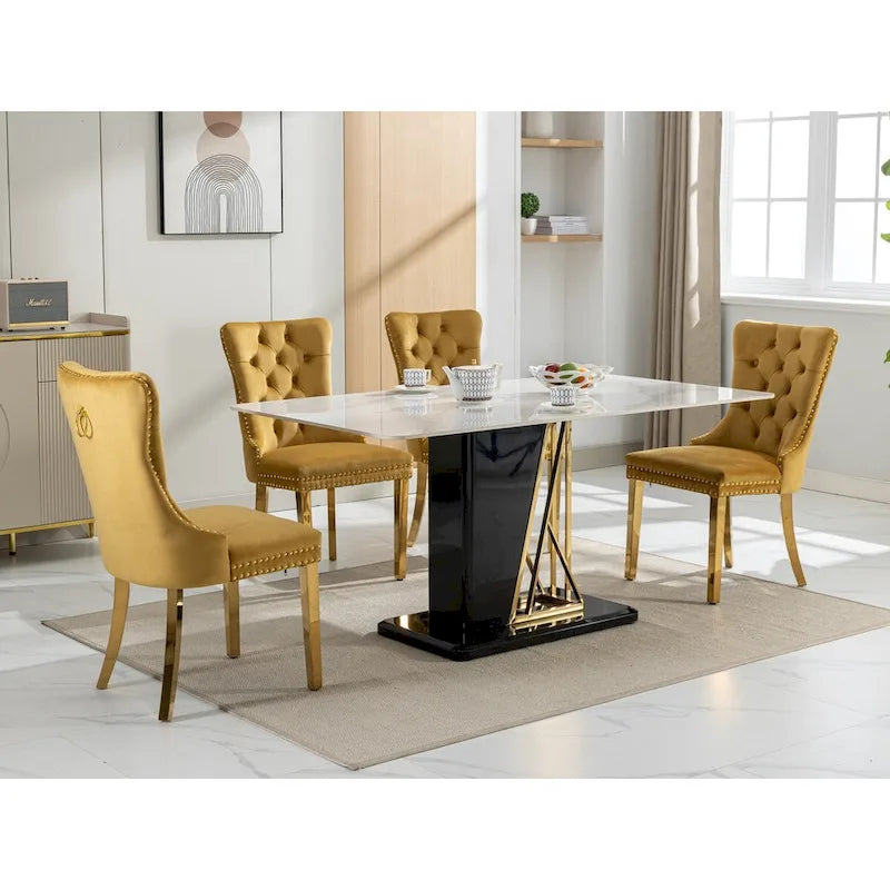 Lot de 2 chaises de salle à manger en velours avec clous décoratifs et pieds plaqués or