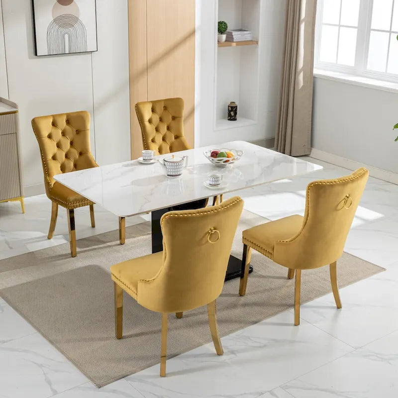 Lot de 2 chaises de salle à manger en velours avec clous décoratifs et pieds plaqués or