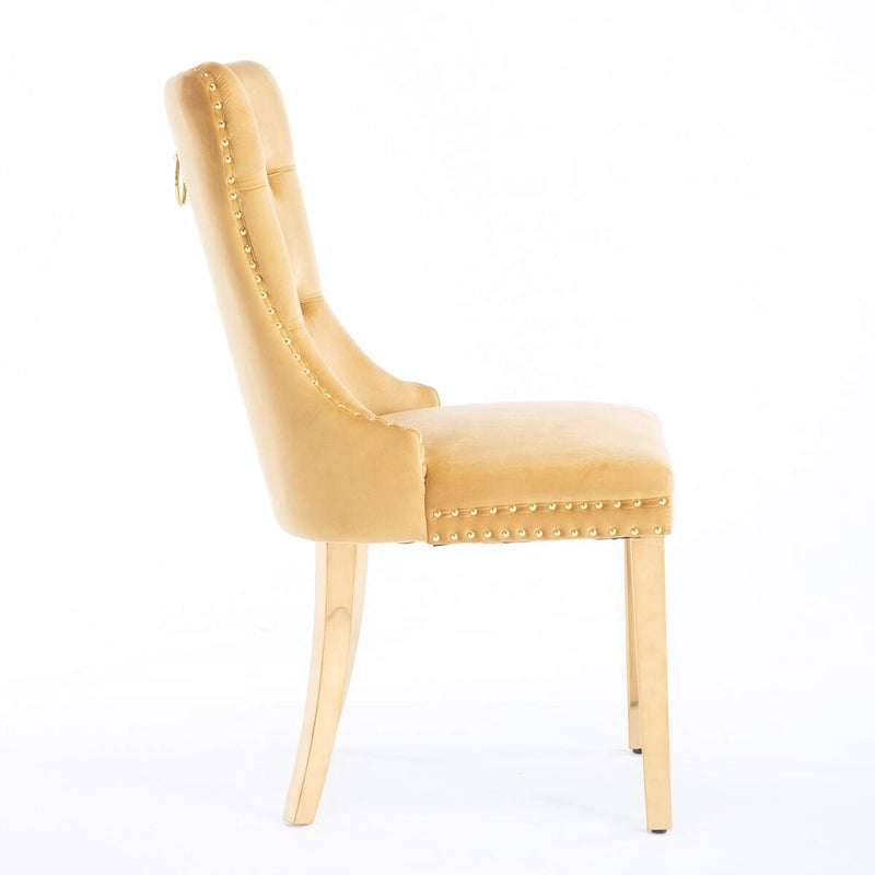 Lot de 2 chaises de salle à manger en velours avec clous décoratifs et pieds plaqués or