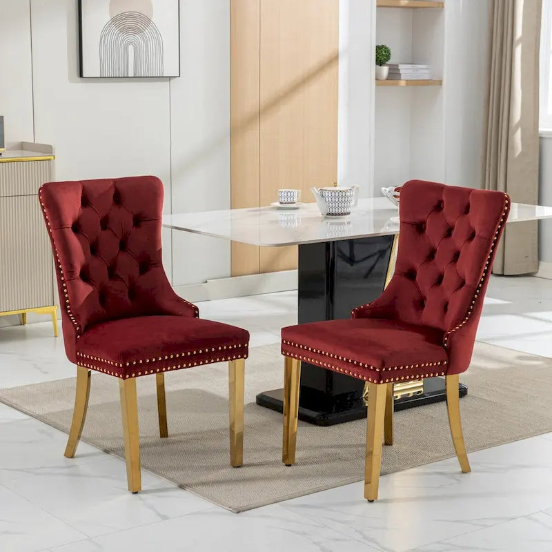 Lot de 2 chaises de salle à manger en velours avec clous décoratifs et pieds plaqués or
