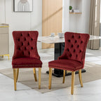 Lot de 2 chaises de salle à manger en velours avec clous décoratifs et pieds plaqués or