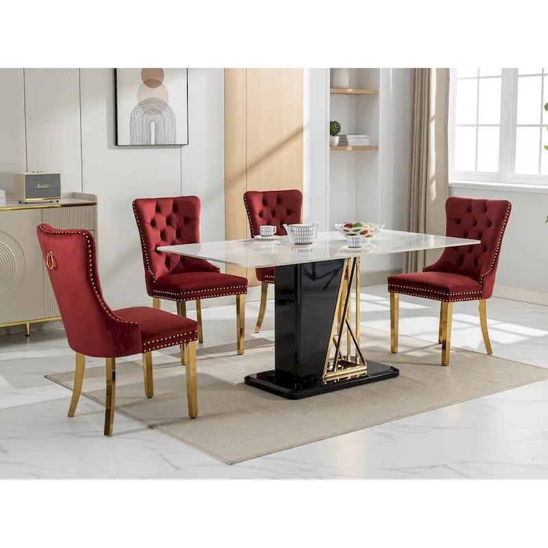 Lot de 2 chaises de salle à manger en velours avec clous décoratifs et pieds plaqués or