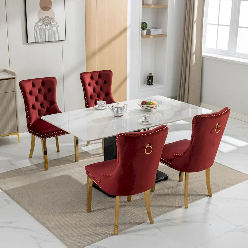Lot de 2 chaises de salle à manger en velours avec clous décoratifs et pieds plaqués or