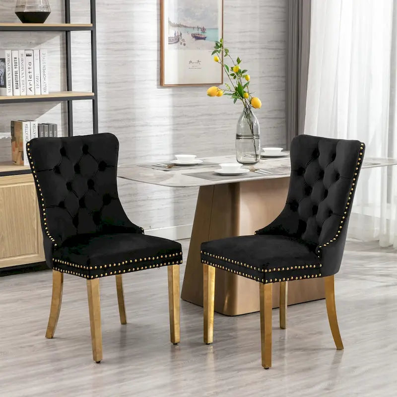 Lot de 2 chaises de salle à manger en velours avec clous décoratifs et pieds plaqués or