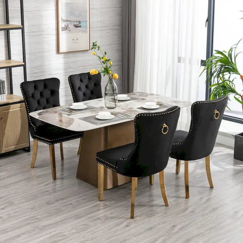 Lot de 2 chaises de salle à manger en velours avec clous décoratifs et pieds plaqués or