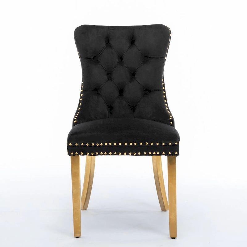 Lot de 2 chaises de salle à manger en velours avec clous décoratifs et pieds plaqués or