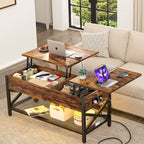 Table basse relevable de style ferme moderne avec port USB et lumière LED, Table d'appoint de salon