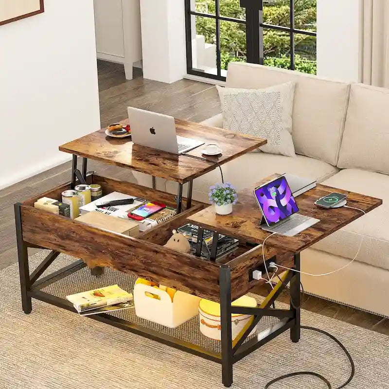 Table basse relevable de style ferme moderne avec port USB et lumière LED, Table d'appoint de salon