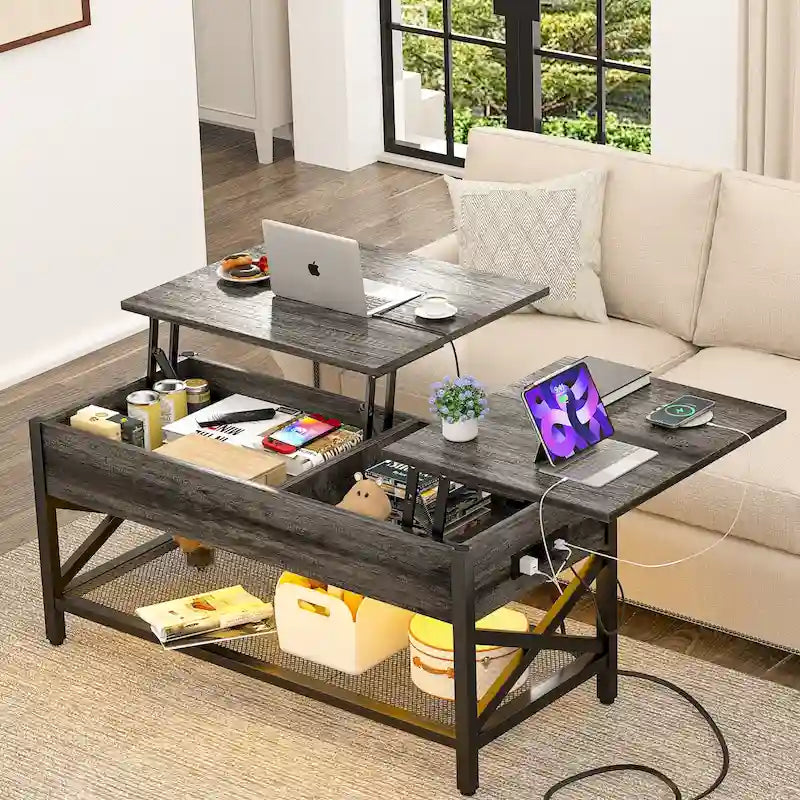 Table basse relevable de style ferme moderne avec port USB et lumière LED, Table d'appoint de salon