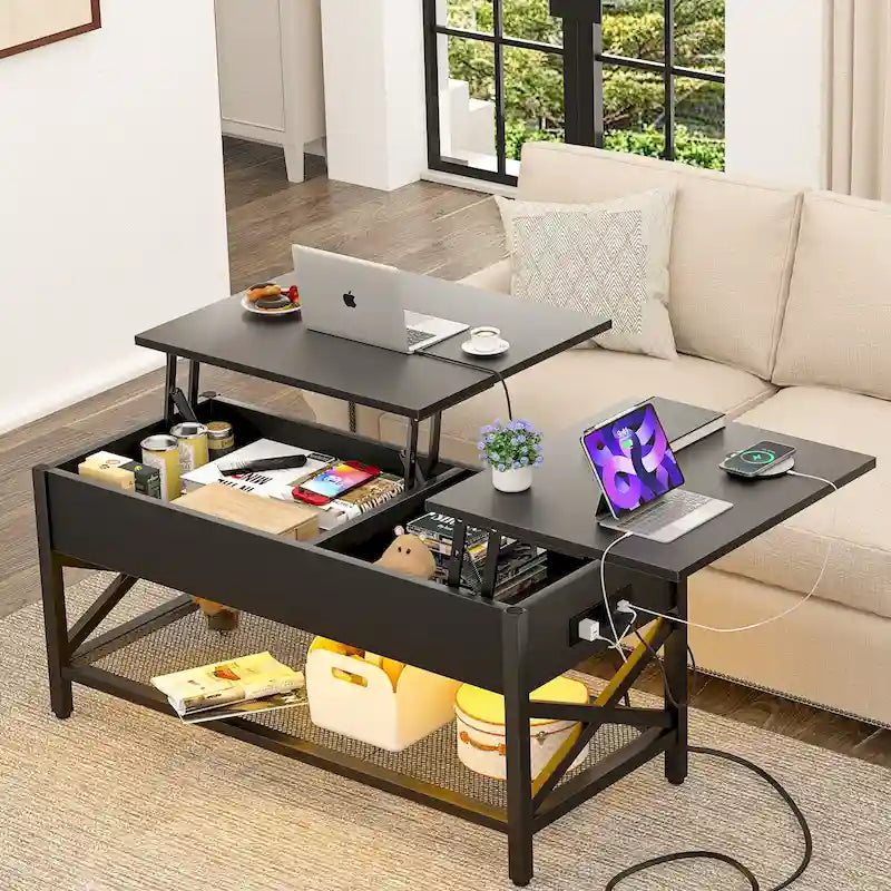 Table basse relevable de style ferme moderne avec port USB et lumière LED, Table d'appoint de salon