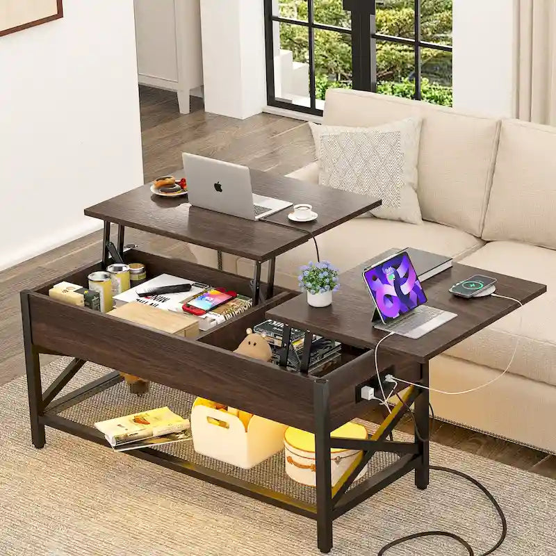 Table basse relevable de style ferme moderne avec port USB et lumière LED, Table d'appoint de salon