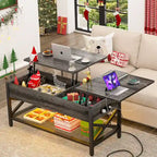 Table basse relevable de style ferme moderne avec port USB et lumière LED, Table d'appoint de salon