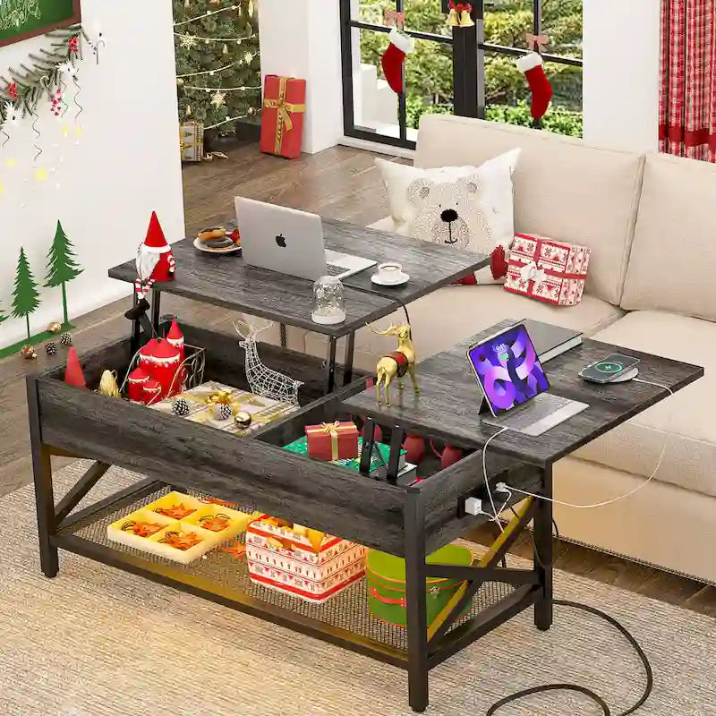 Table basse relevable de style ferme moderne avec port USB et lumière LED, Table d'appoint de salon