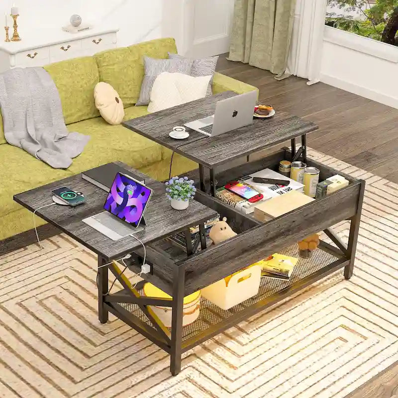 Table basse relevable de style ferme moderne avec port USB et lumière LED, Table d'appoint de salon