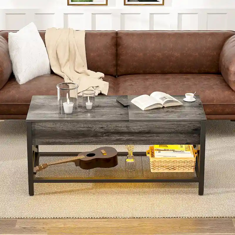 Table basse relevable de style ferme moderne avec port USB et lumière LED, Table d'appoint de salon