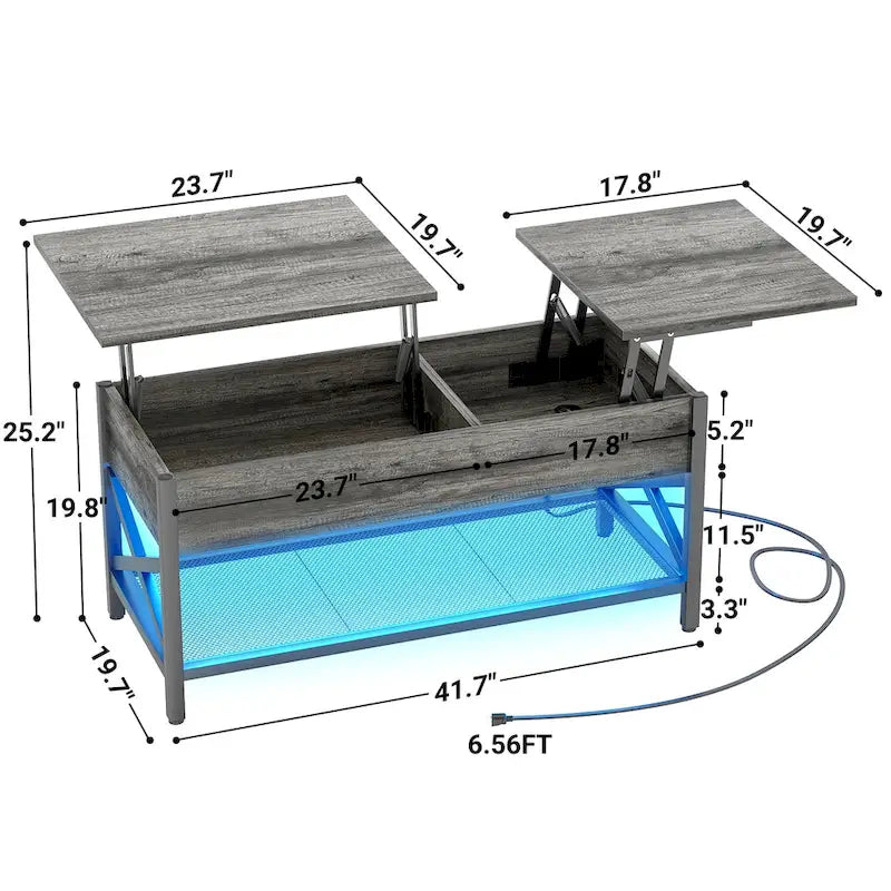 Table basse relevable de style ferme moderne avec port USB et lumière LED, Table d'appoint de salon