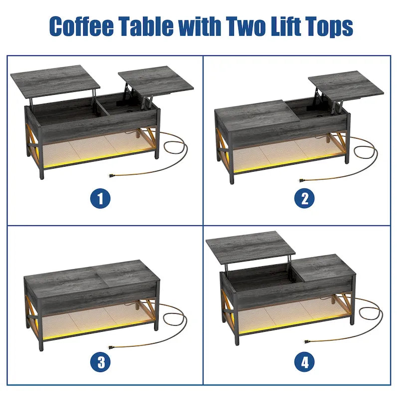 Table basse relevable de style ferme moderne avec port USB et lumière LED, Table d'appoint de salon