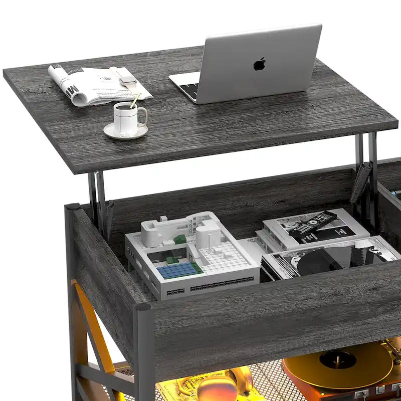 Table basse relevable de style ferme moderne avec port USB et lumière LED, Table d'appoint de salon