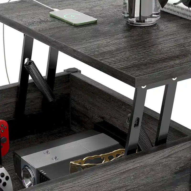 Table basse relevable de style ferme moderne avec port USB et lumière LED, Table d'appoint de salon