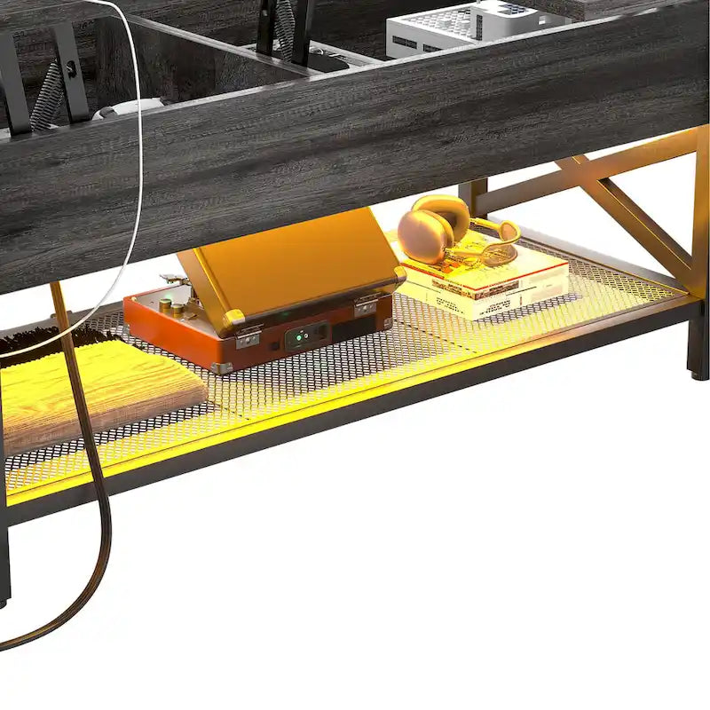 Table basse relevable de style ferme moderne avec port USB et lumière LED, Table d'appoint de salon