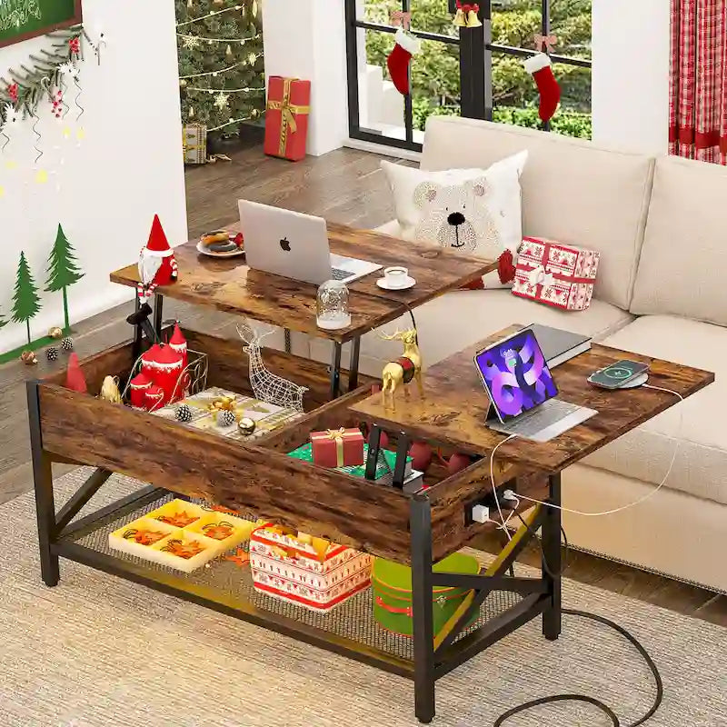 Table basse relevable de style ferme moderne avec port USB et lumière LED, Table d'appoint de salon