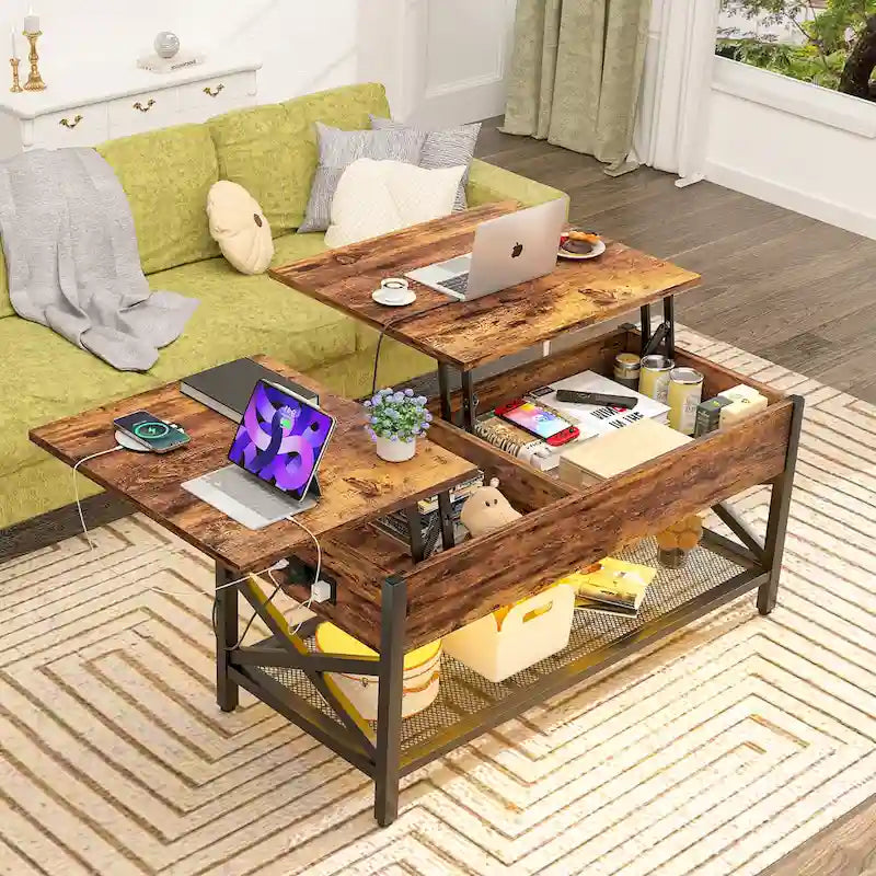 Table basse relevable de style ferme moderne avec port USB et lumière LED, Table d'appoint de salon