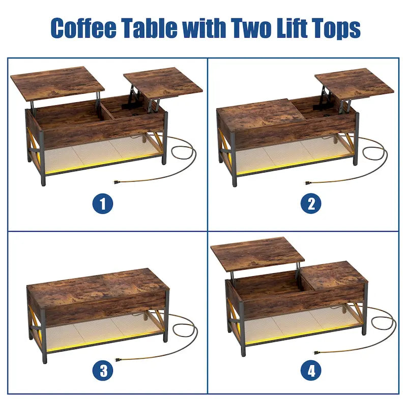 Table basse relevable de style ferme moderne avec port USB et lumière LED, Table d'appoint de salon