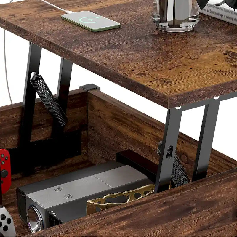 Table basse relevable de style ferme moderne avec port USB et lumière LED, Table d'appoint de salon