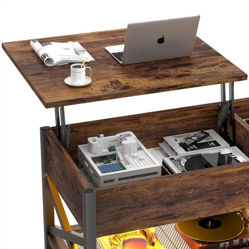 Table basse relevable de style ferme moderne avec port USB et lumière LED, Table d'appoint de salon