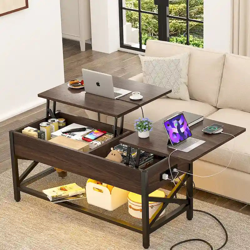 Table basse relevable de style ferme moderne avec port USB et lumière LED, Table d'appoint de salon