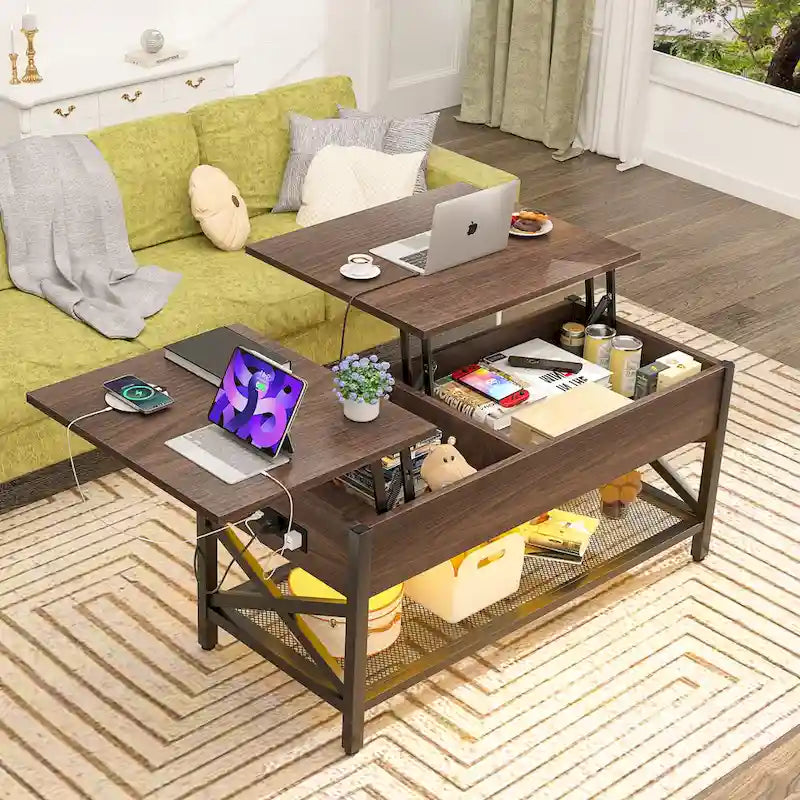 Table basse relevable de style ferme moderne avec port USB et lumière LED, Table d'appoint de salon