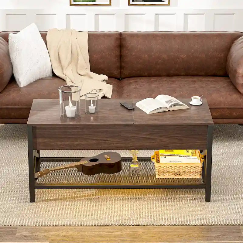 Table basse relevable de style ferme moderne avec port USB et lumière LED, Table d'appoint de salon