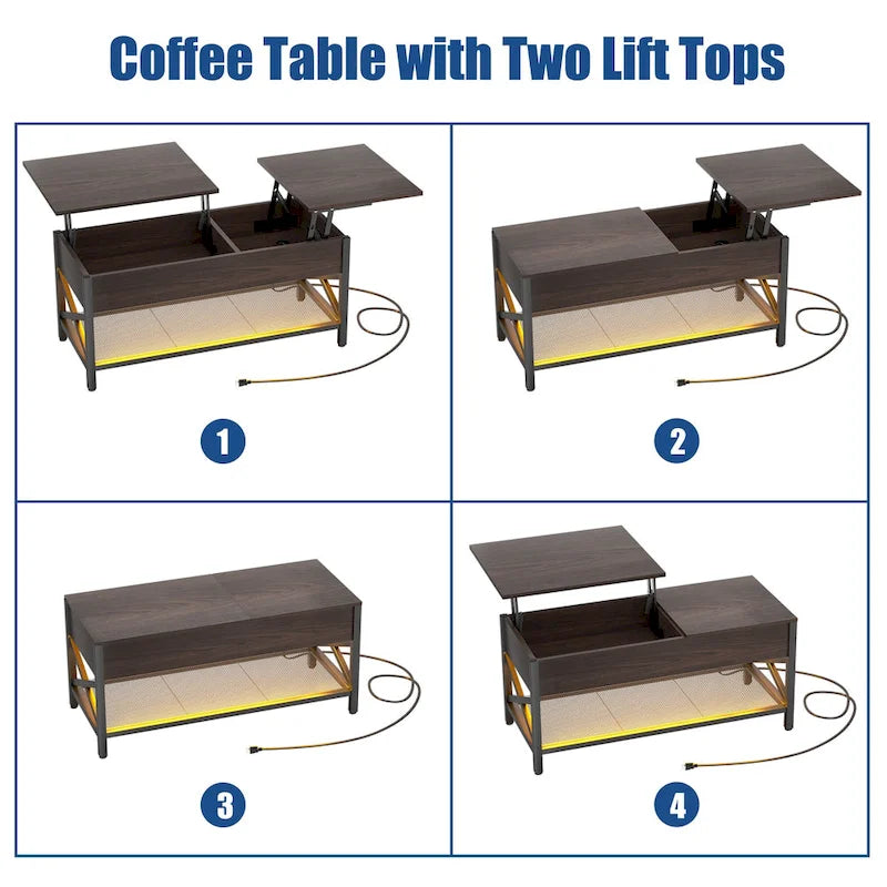 Table basse relevable de style ferme moderne avec port USB et lumière LED, Table d'appoint de salon
